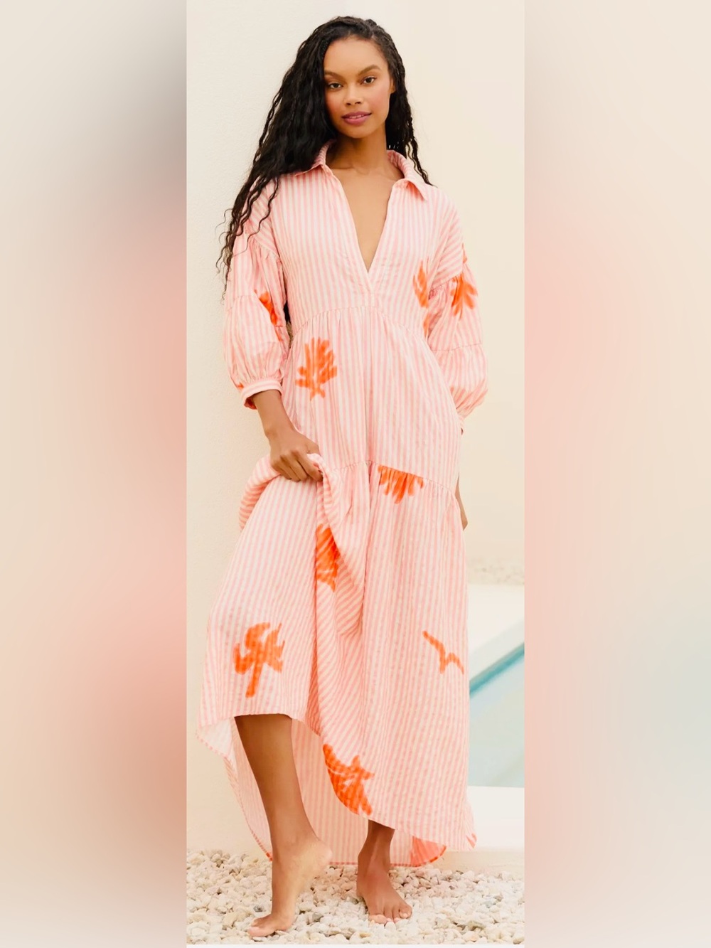 Women's Pink Striped Maxi Dress with Orange Floral Accents